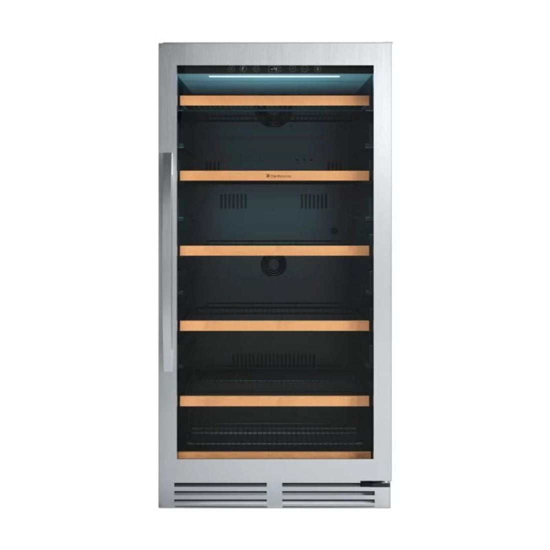 Cervejeira Debacco 265 Litros Inox 60cm -Abertura para Direita com acabamento inox, porta de vidro, 5 prateleiras de madeira e iluminação interna